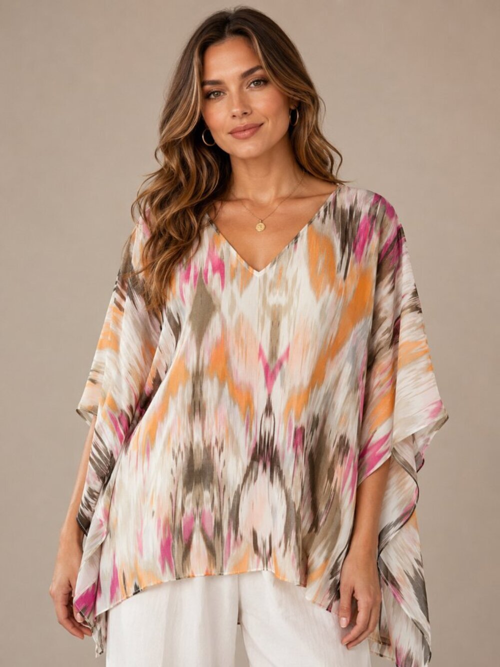 Chico’s Abstract Print Kimono Caftan Boho Vacation Resort Top L/XL